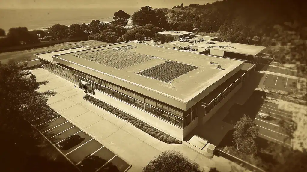 A commercial roof on a community recreation center in a location similar to Big Sur with a tintype aesthetic (AI image)