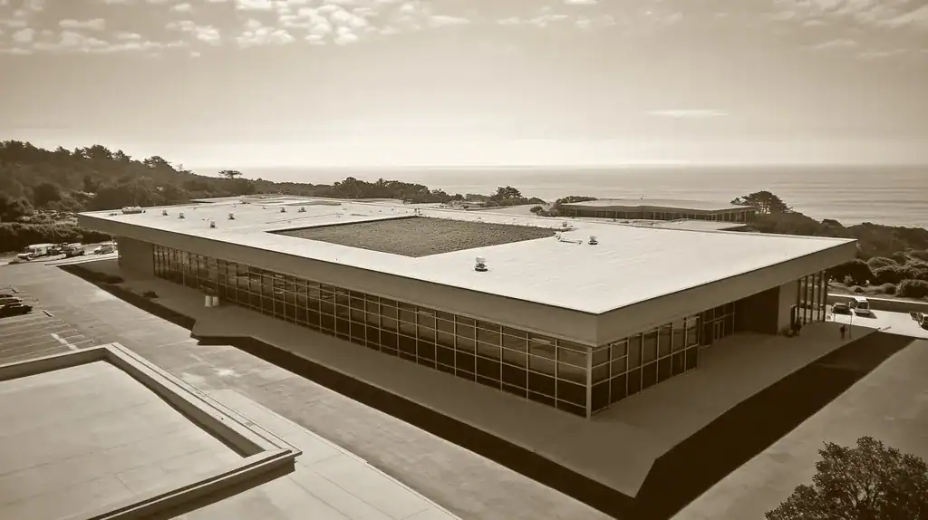 A commercial roof on a community recreation center in a location similar to Big Sur with a tintype aesthetic (AI image)