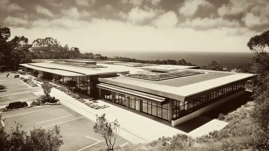 A commercial roof on a community recreation center in a location similar to Big Sur with a tintype aesthetic (AI image)