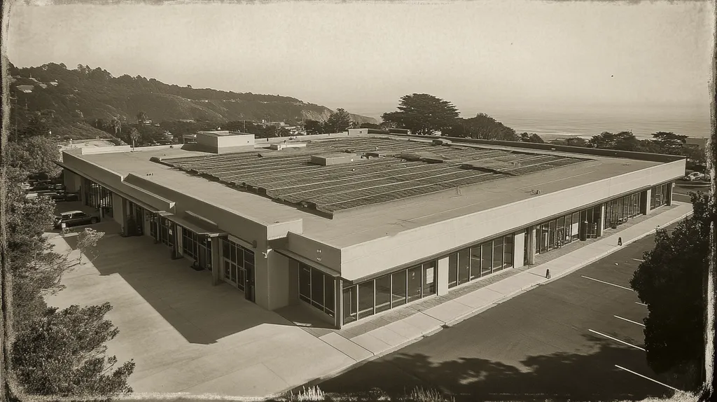 A commercial roof on a community recreation center in a location similar to Big Sur with a tintype aesthetic (AI image)