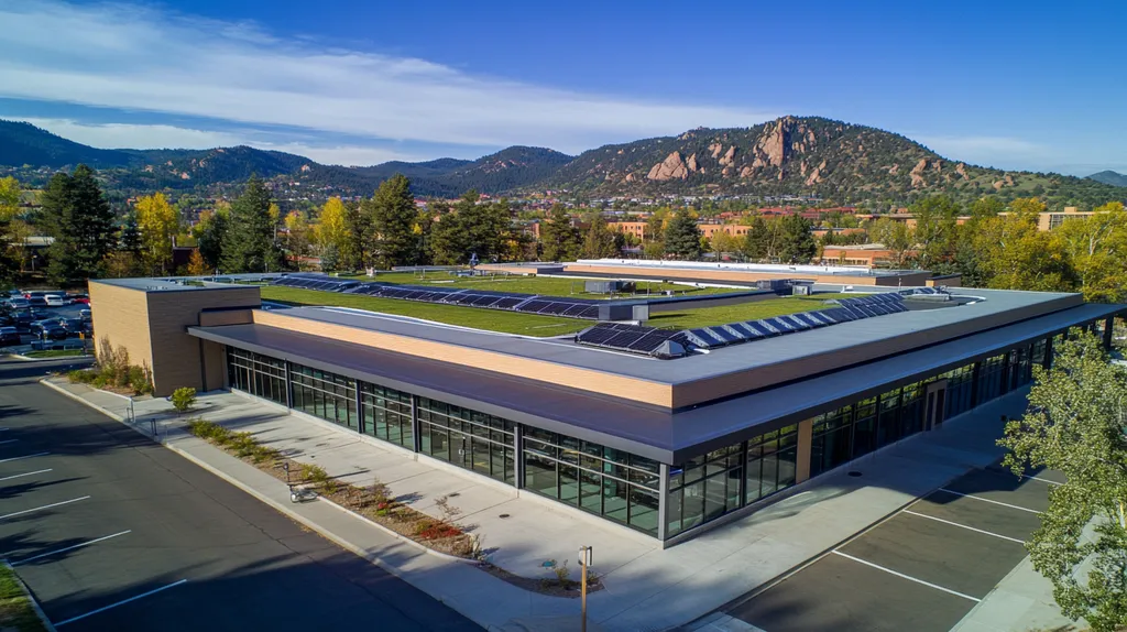 A commercial roof on a community recreation center in a location similar to Boulder with an architectural photography aesthetic (AI image)