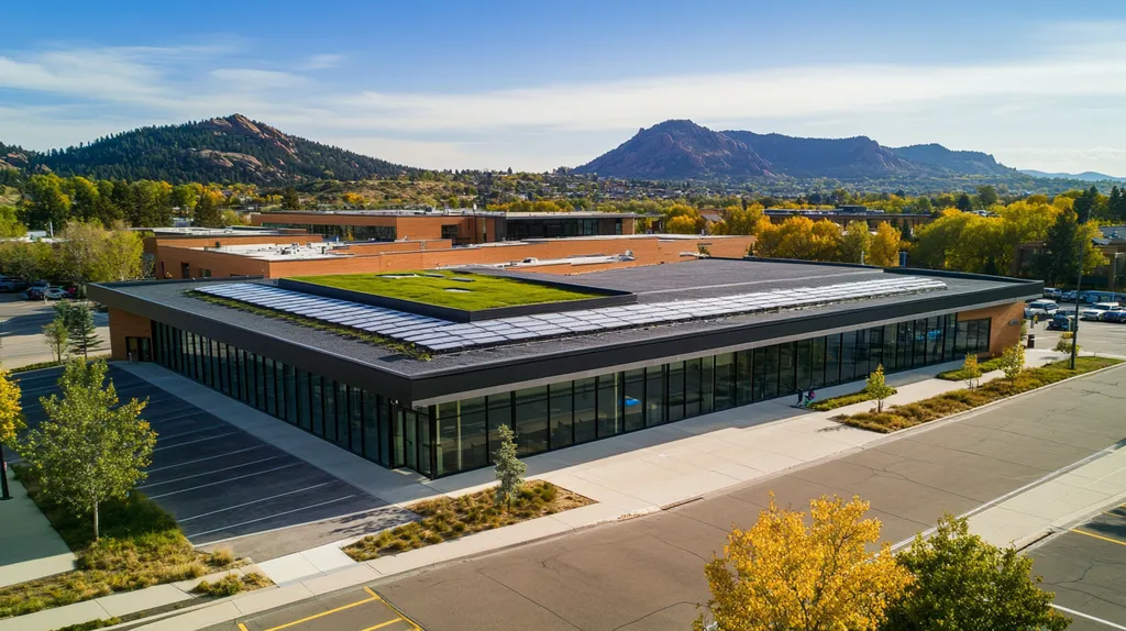 A commercial roof on a community recreation center in a location similar to Boulder with a color highlight aesthetic (AI image)