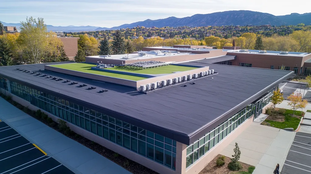 A commercial roof on a community recreation center in a location similar to Boulder with a color highlight aesthetic (AI image)