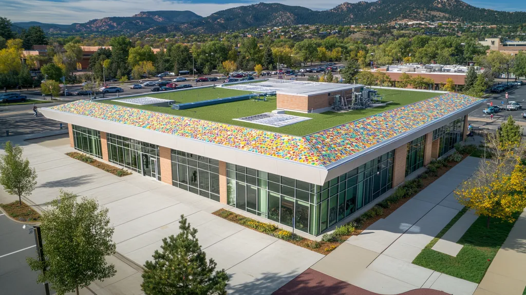 A commercial roof on a community recreation center in a location similar to Boulder with a mosaic tile art aesthetic (AI image)