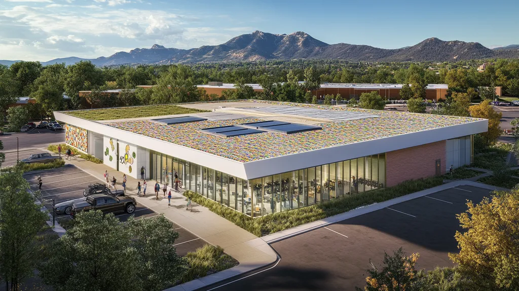 A commercial roof on a community recreation center in a location similar to Boulder with a mosaic tile art aesthetic (AI image)