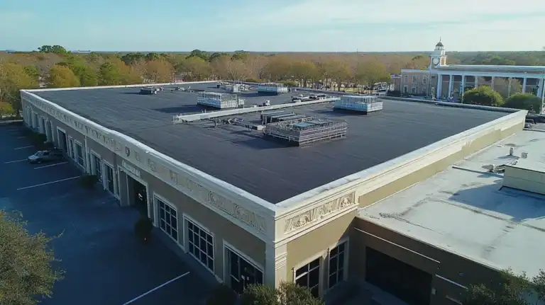 A commercial roof on a convention center in a location similar to Charleston with a color highlight aesthetic (AI image)