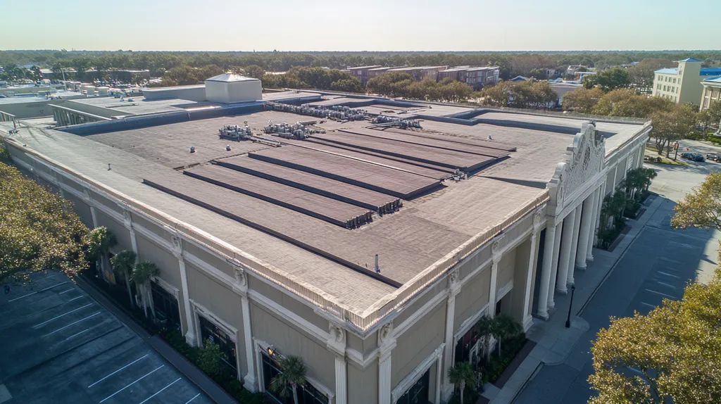 A commercial roof on a convention center in a location similar to Charleston with a color highlight aesthetic (AI image)
