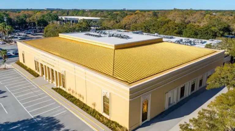 A commercial roof on a convention center in a location similar to Charleston with a solid gold aesthetic (AI image)