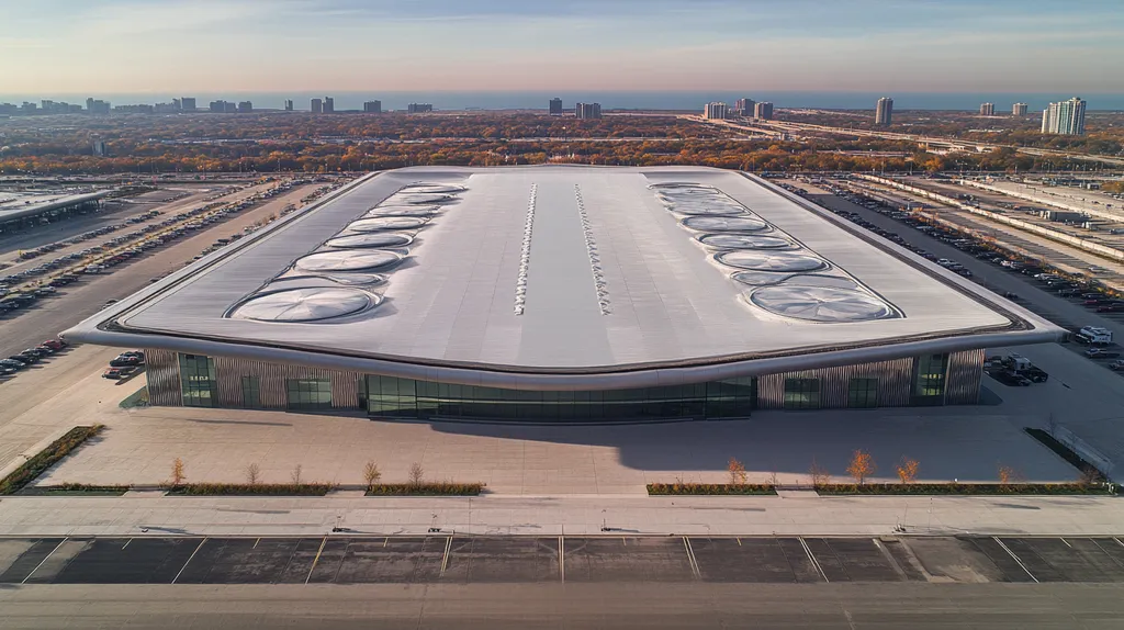 A commercial roof on a convention center in a location similar to Chicago with a futuristic aesthetic (AI image)