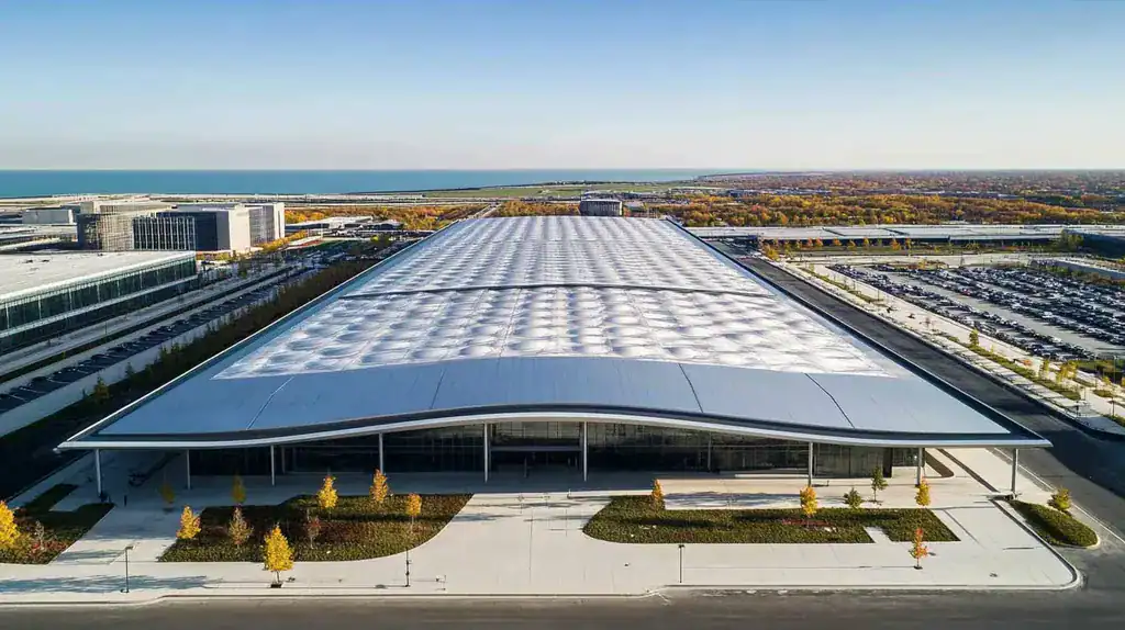 A commercial roof on a convention center in a location similar to Chicago with a futuristic aesthetic (AI image)