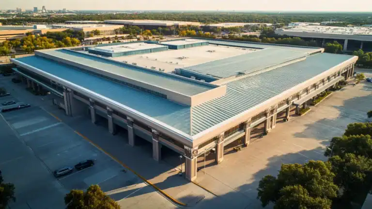 A commercial roof on a convention center in a location similar to Dallas with a cross-processed look aesthetic (AI image)