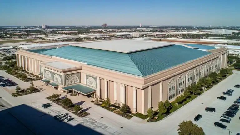 A commercial roof on a convention center in a location similar to Dallas with a cross-processed look aesthetic (AI image)