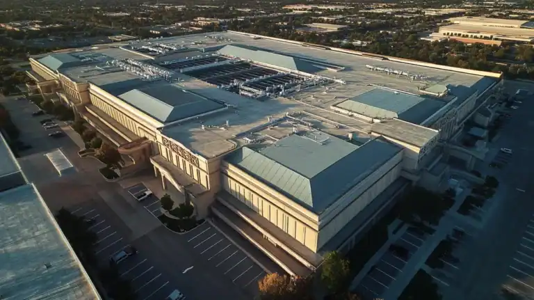 A commercial roof on a convention center in a location similar to Dallas with a cross-processed look aesthetic (AI image)