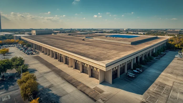 A commercial roof on a convention center in a location similar to Dallas with a cross-processed look aesthetic (AI image)