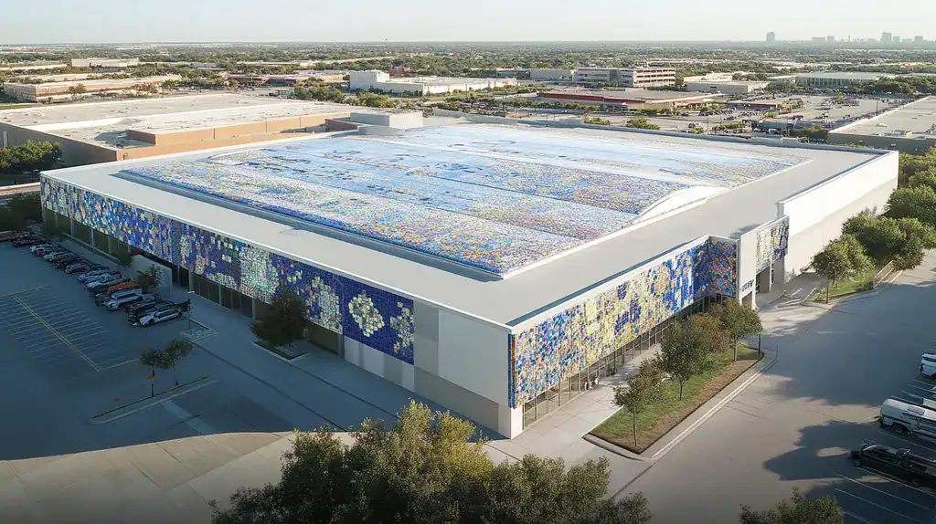 A commercial roof on a convention center in a location similar to Dallas with a mosaic tile art aesthetic (AI image)