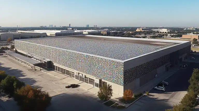 A commercial roof on a convention center in a location similar to Dallas with a mosaic tile art aesthetic (AI image)