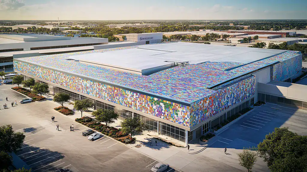 A commercial roof on a convention center in a location similar to Dallas with a mosaic tile art aesthetic (AI image)