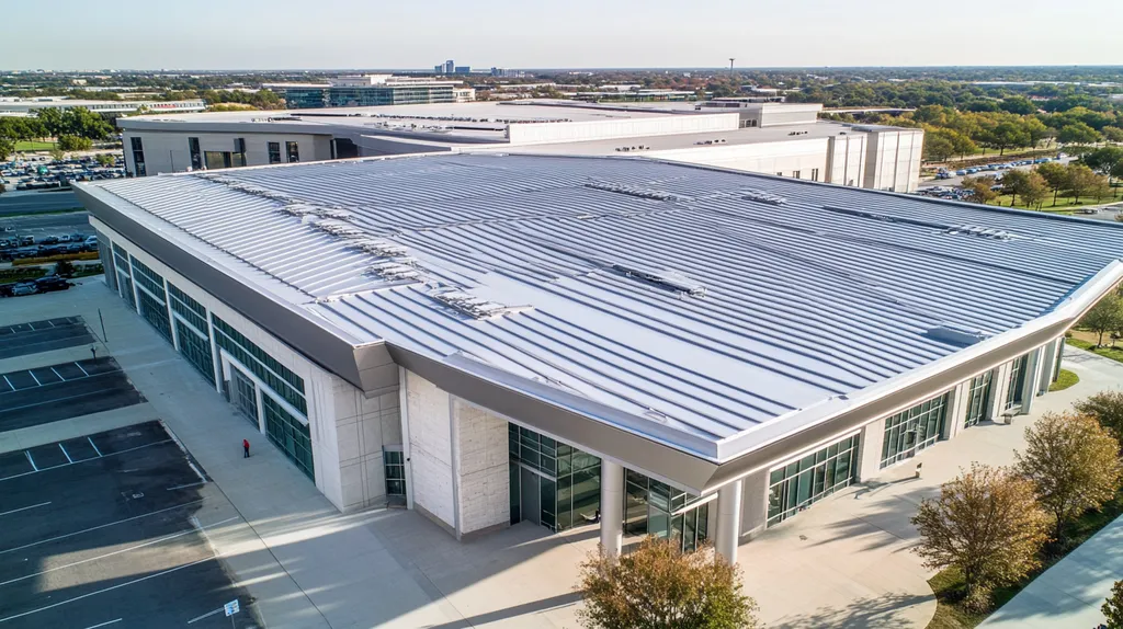 A commercial roof on a convention center in a location similar to Dallas with a stainless steel aesthetic (AI image)