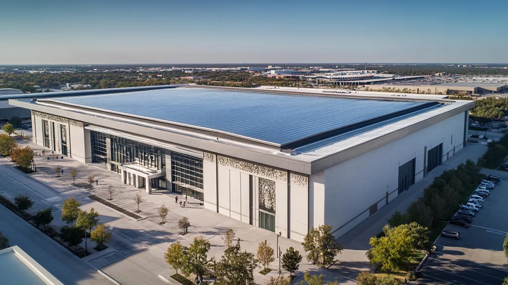 A commercial roof on a convention center in a location similar to Dallas with a stainless steel aesthetic (AI image)
