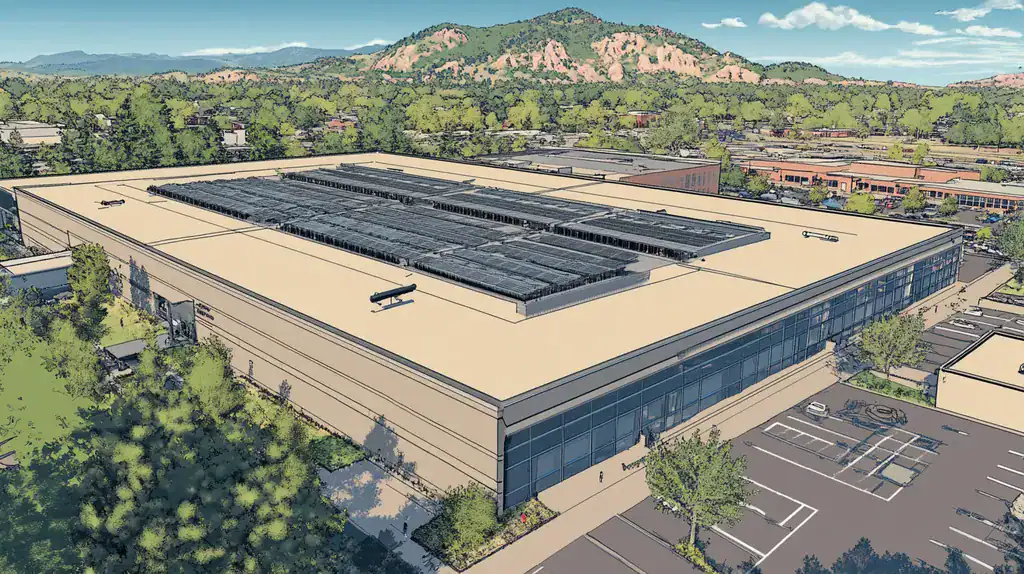 A commercial roof on a data center in a location similar to Boulder with a comic book style aesthetic (AI image)
