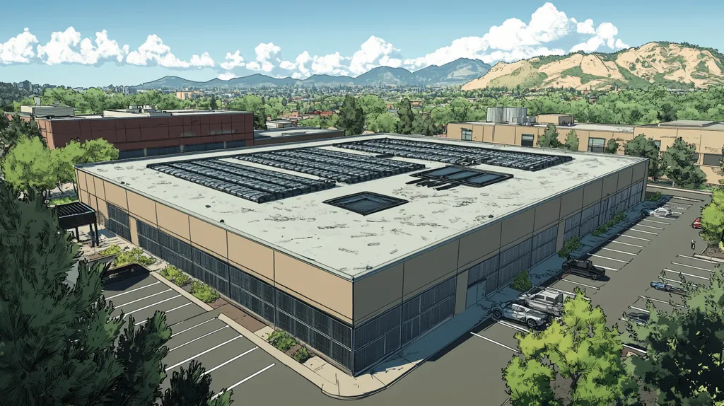 A commercial roof on a data center in a location similar to Boulder with a comic book style aesthetic (AI image)