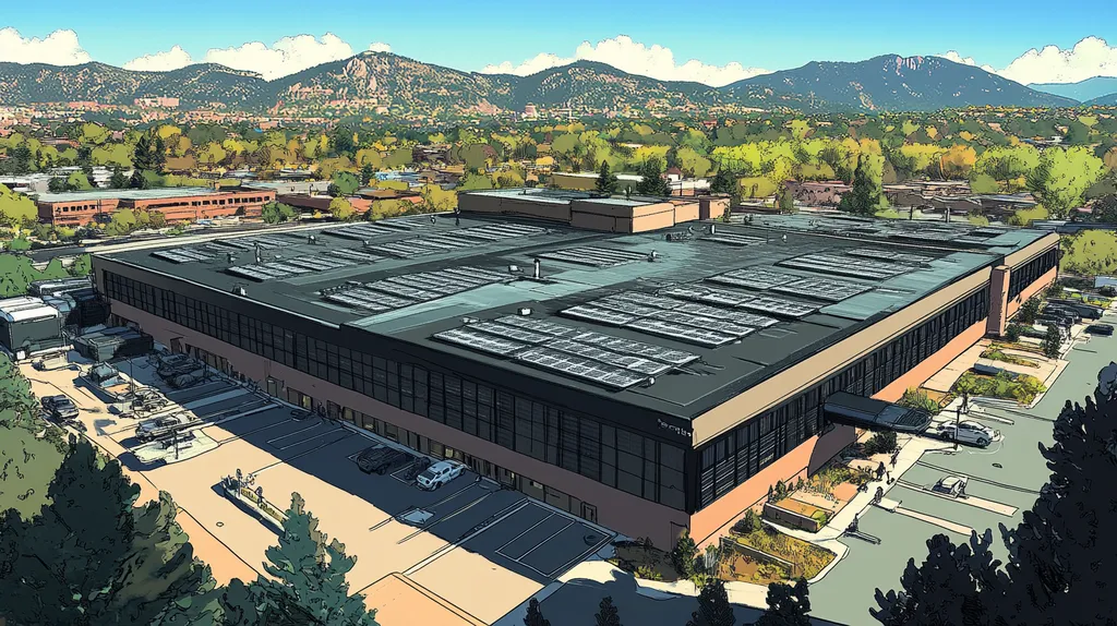 A commercial roof on a data center in a location similar to Boulder with a comic book style aesthetic (AI image)