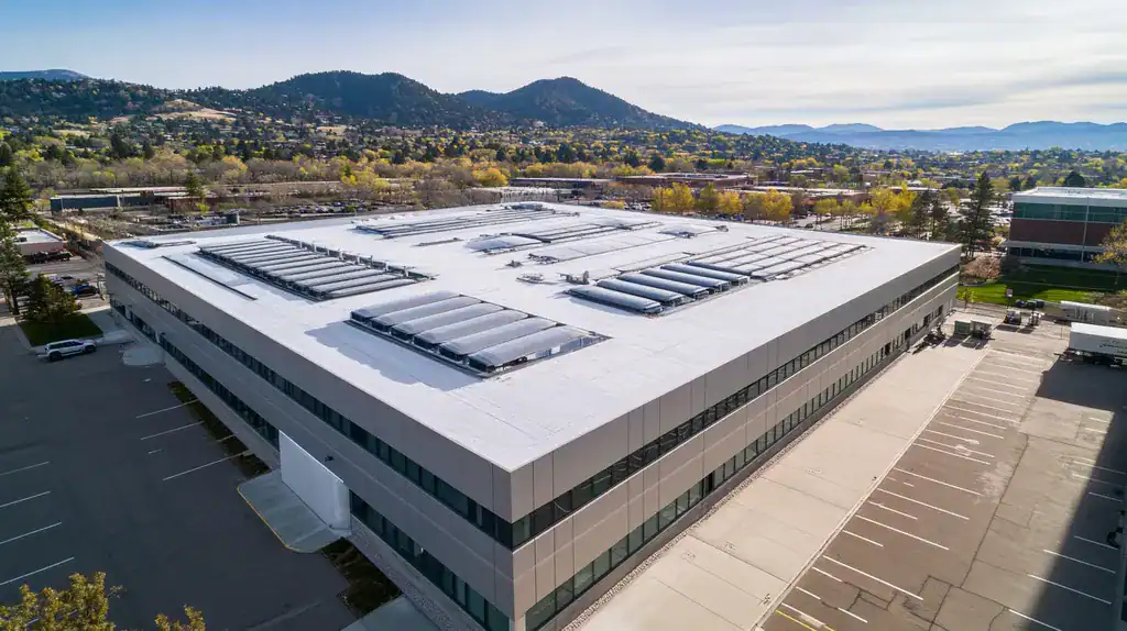 A commercial roof on a data center in a location similar to Boulder with a futuristic aesthetic (AI image)