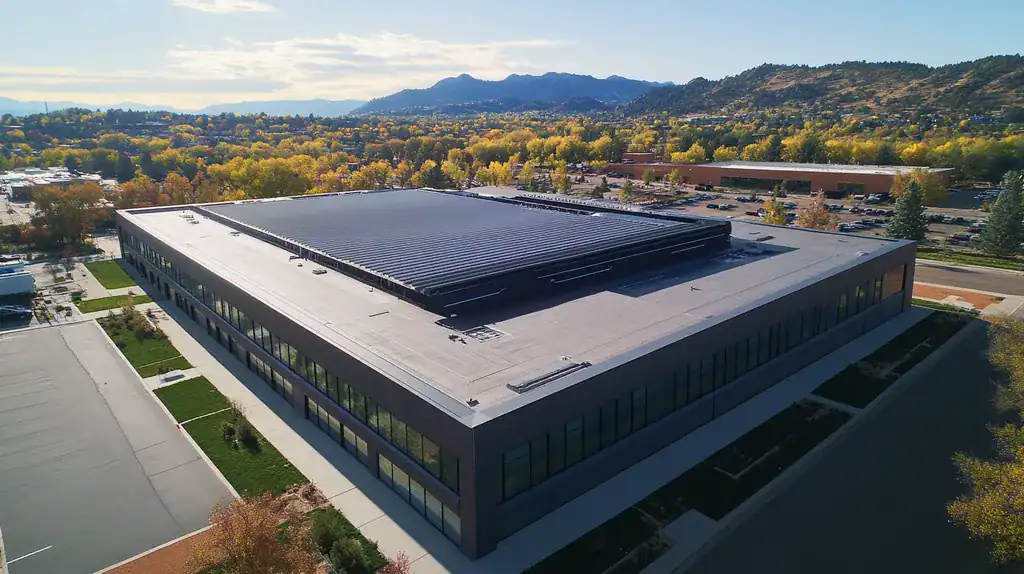 A commercial roof on a data center in a location similar to Boulder with a futuristic aesthetic (AI image)