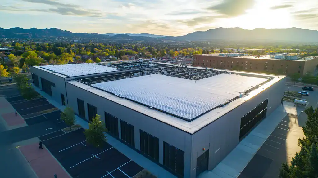A commercial roof on a data center in a location similar to Boulder with an urban context aesthetic (AI image)