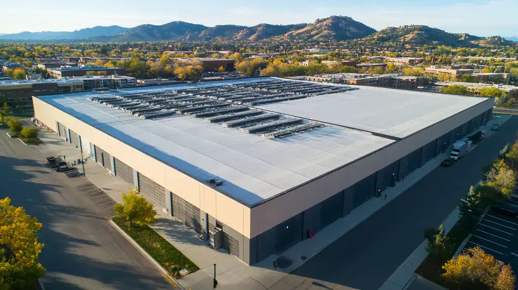 A commercial roof on a data center in a location similar to Boulder with an urban context aesthetic (AI image)