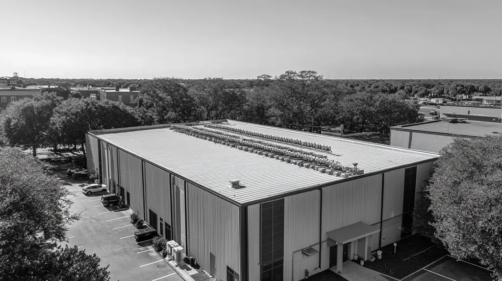 A commercial roof on a data center in a location similar to Charleston with a black and white photography aesthetic (AI image)