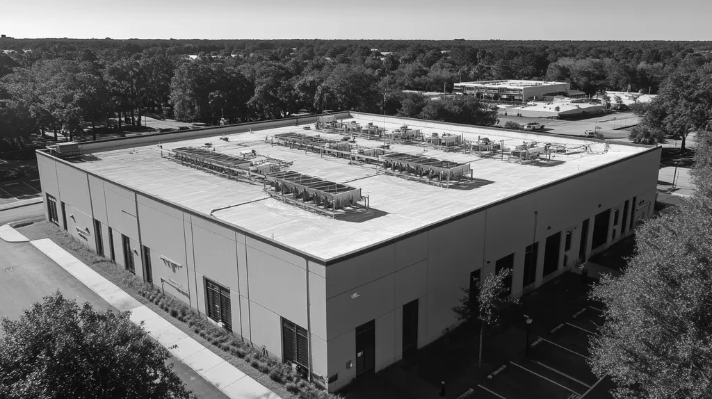 A commercial roof on a data center in a location similar to Charleston with a black and white photography aesthetic (AI image)