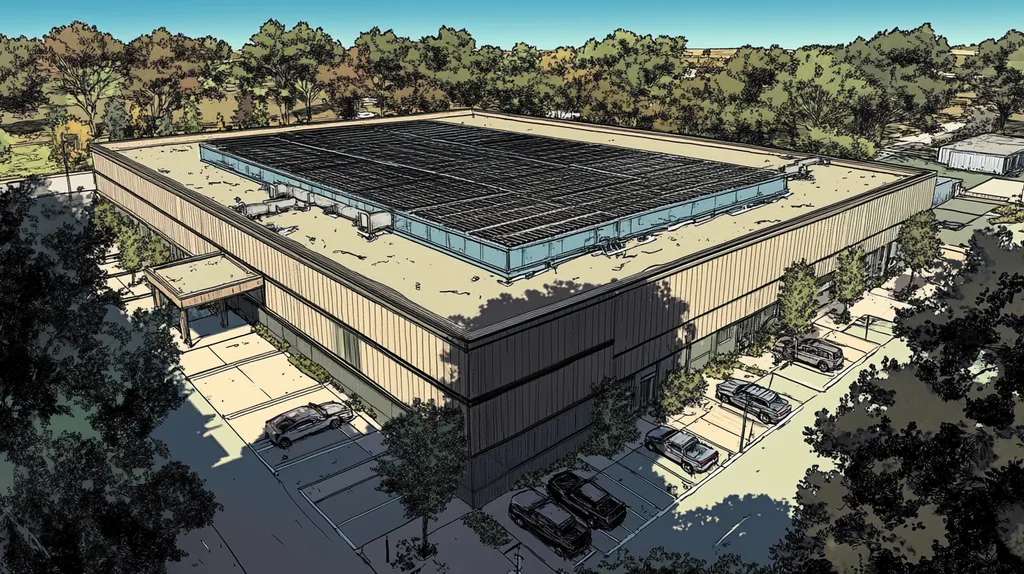 A commercial roof on a data center in a location similar to Charleston with a comic book style aesthetic (AI image)