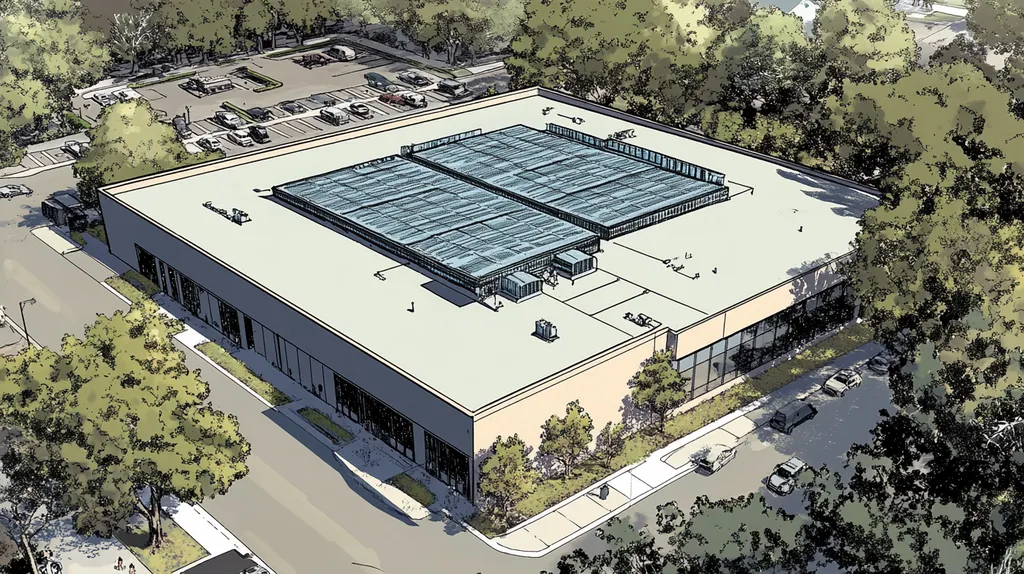A commercial roof on a data center in a location similar to Charleston with a comic book style aesthetic (AI image)