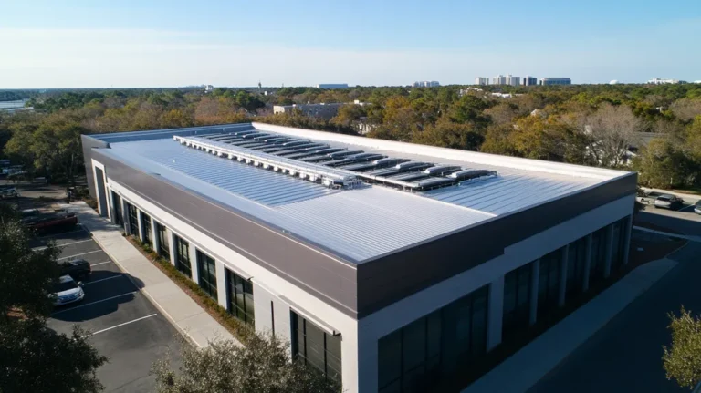 A commercial roof on a data center in a location similar to Charleston with a futuristic aesthetic (AI image)