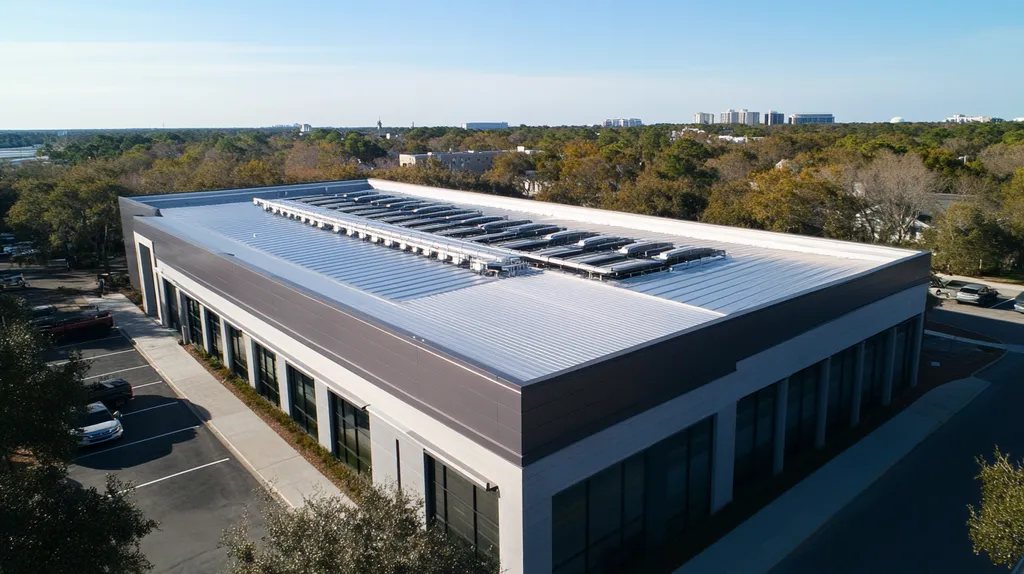 A commercial roof on a data center in a location similar to Charleston with a futuristic aesthetic (AI image)