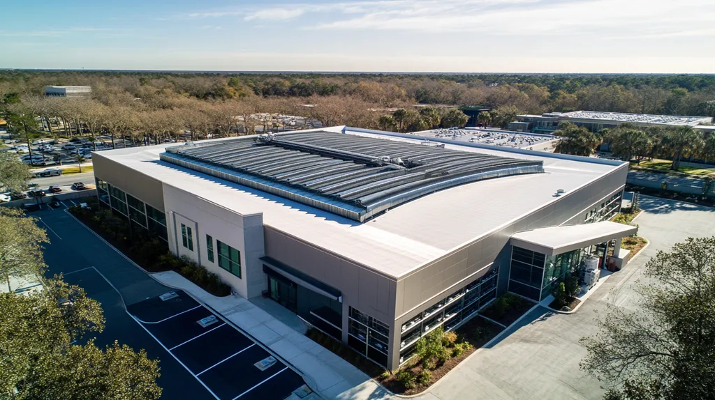 A commercial roof on a data center in a location similar to Charleston with a futuristic aesthetic (AI image)