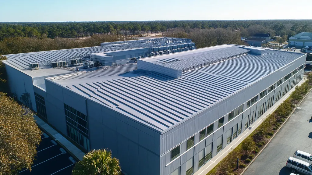 A commercial roof on a data center in a location similar to Charleston with a futuristic aesthetic (AI image)