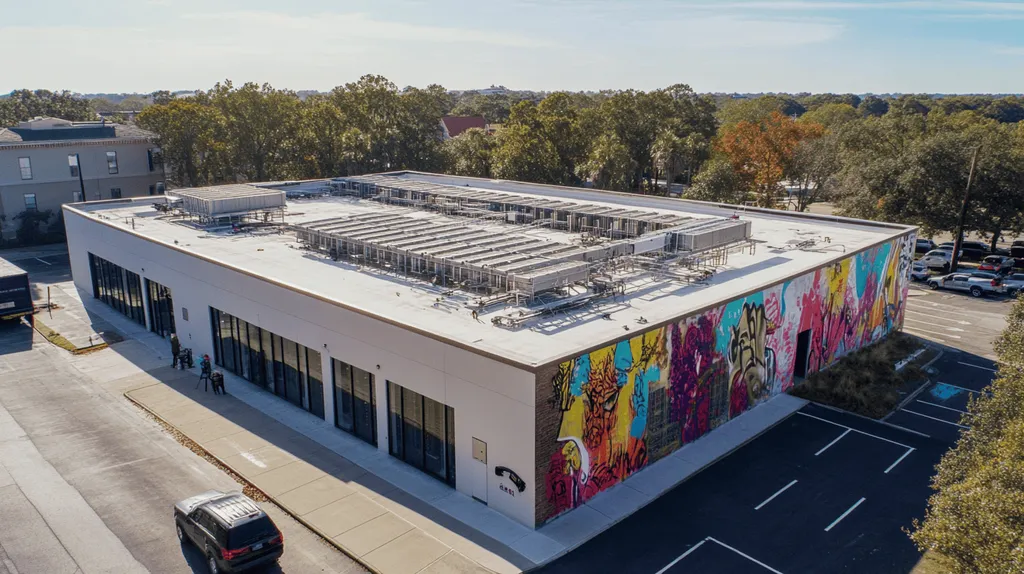 A commercial roof on a data center in a location similar to Charleston with a graffiti mural aesthetic (AI image)