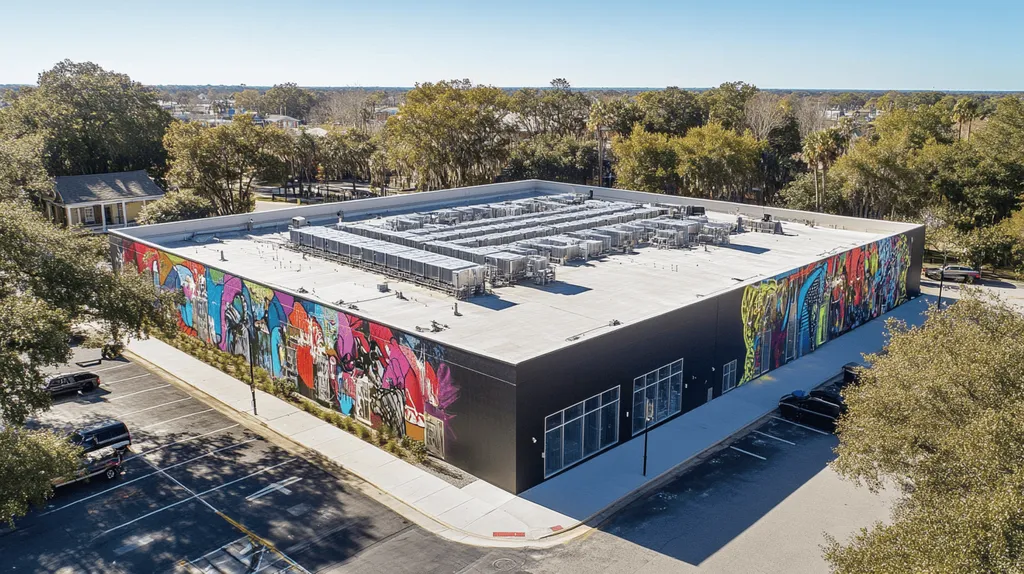 A commercial roof on a data center in a location similar to Charleston with a graffiti mural aesthetic (AI image)