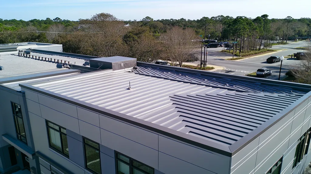 A commercial roof on a data center in a location similar to Charleston with a stainless steel aesthetic (AI image)