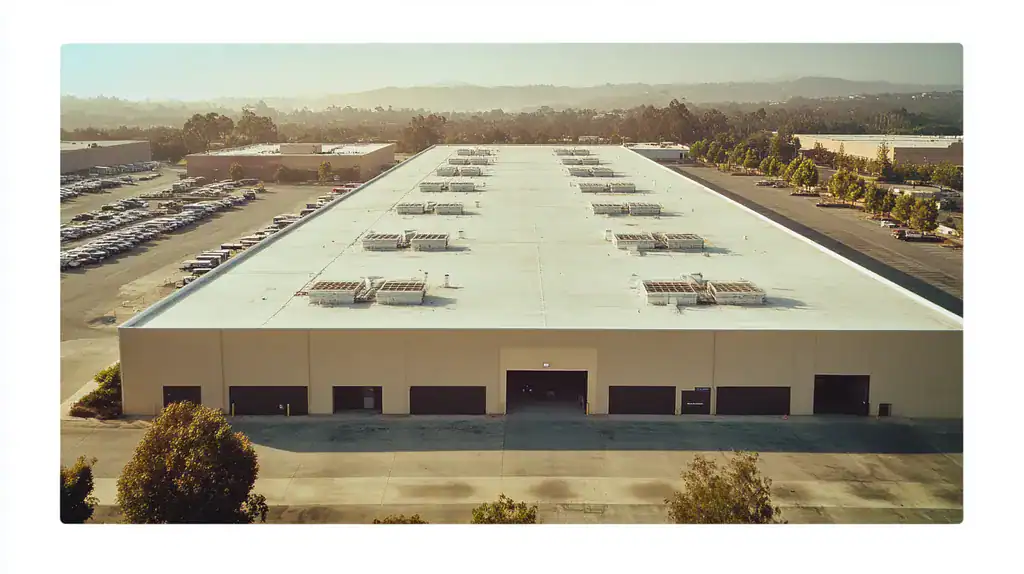 A commercial roof on a distribution center in a location similar to Big Sur with a Polaroid aesthetic (AI image)