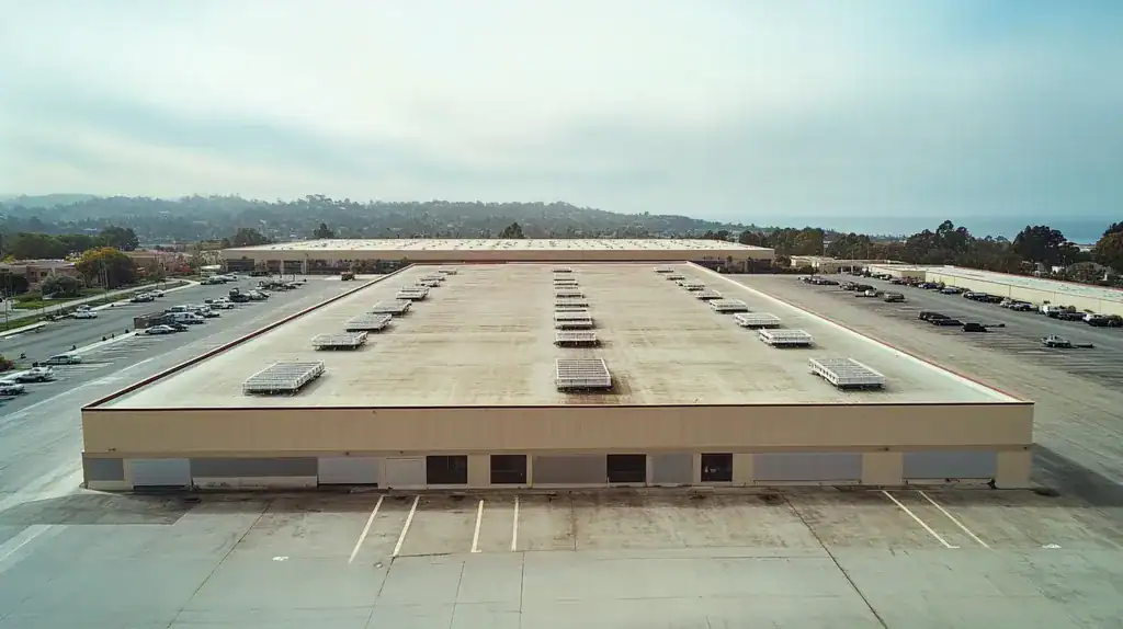 A commercial roof on a distribution center in a location similar to Big Sur with a Polaroid aesthetic (AI image)