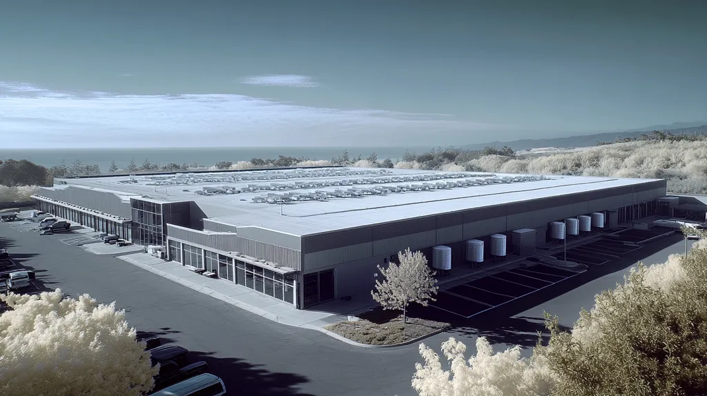 A commercial roof on a distribution center in a location similar to Big Sur with an infrared photography aesthetic (AI image)