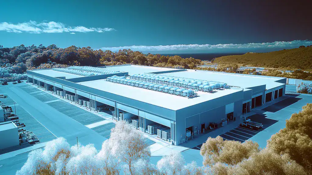 A commercial roof on a distribution center in a location similar to Big Sur with an infrared photography aesthetic (AI image)