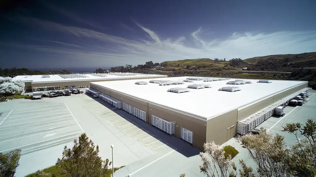 A commercial roof on a distribution center in a location similar to Big Sur with an infrared photography aesthetic (AI image)