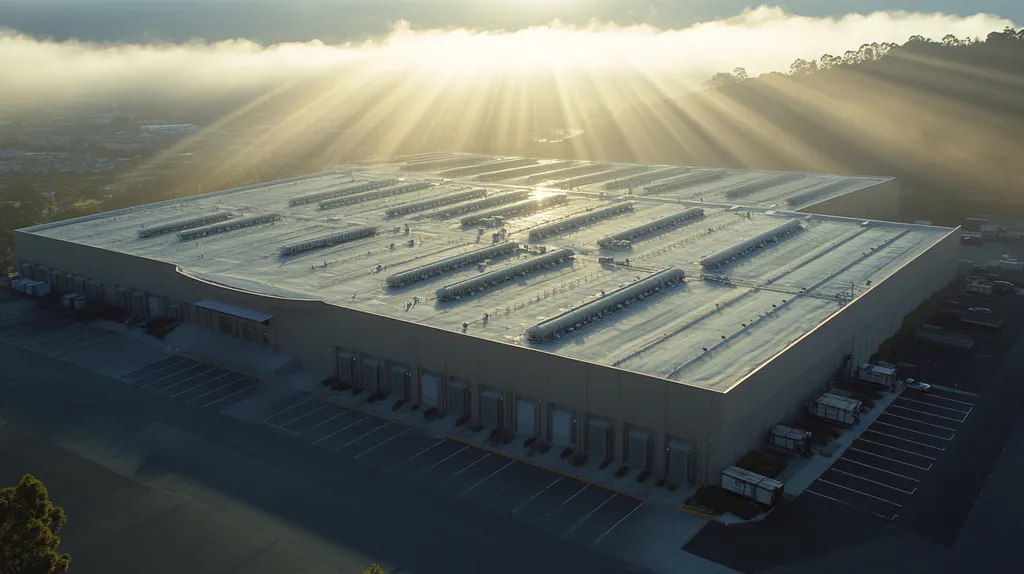 A commercial roof on a distribution center in a location similar to Big Sur with a light beams aesthetic (AI image)