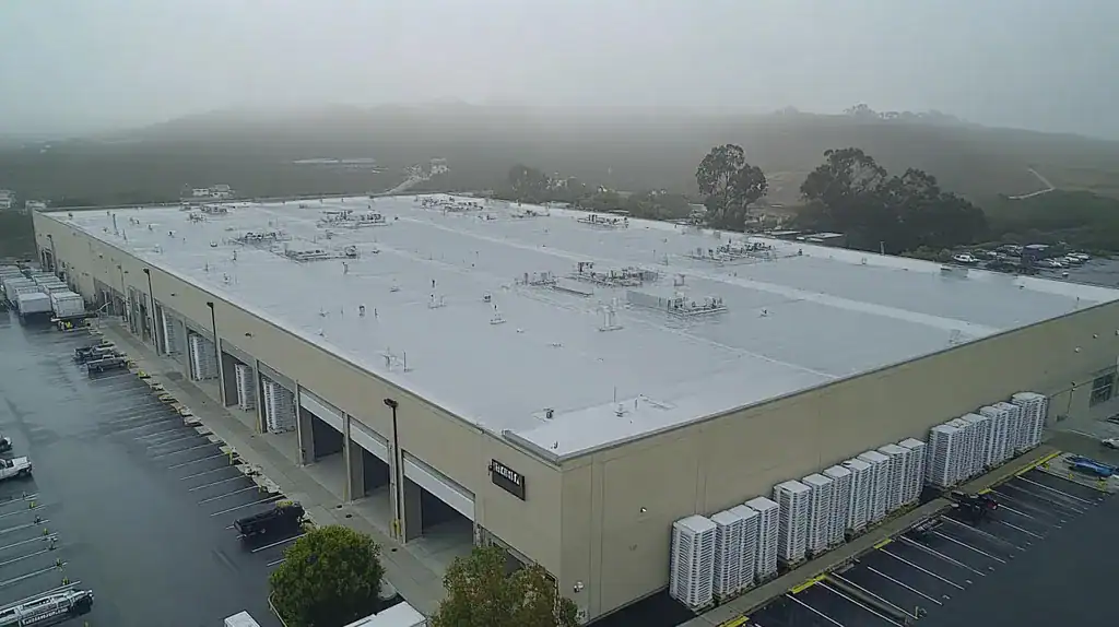 A commercial roof on a distribution center in a location similar to Big Sur with a rainy day aesthetic (AI image)