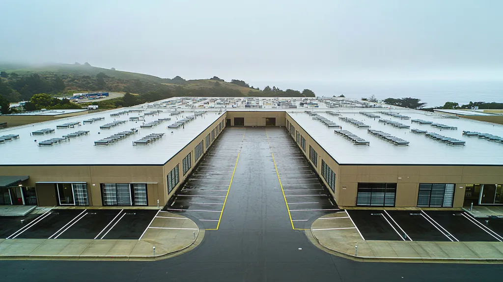 A commercial roof on a distribution center in a location similar to Big Sur with a rainy day aesthetic (AI image)