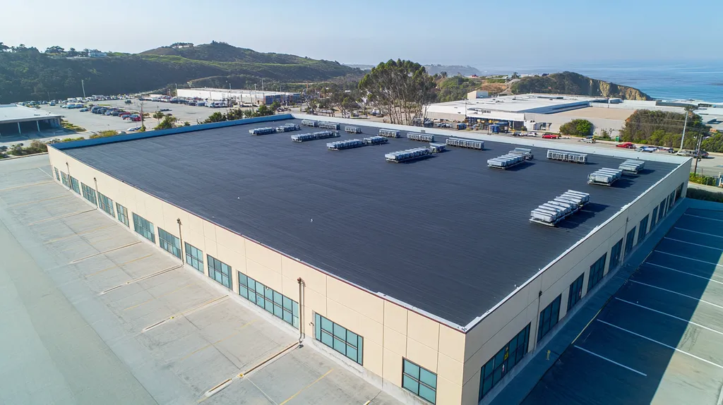 A commercial roof on a distribution center in a location similar to Big Sur with an urban context aesthetic (AI image)